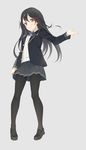  black_hair black_legwear blazer blush bow full_body highres jacket loafers long_hair looking_at_viewer original pantyhose pleated_skirt school_uniform shoes simple_background skirt smile solo uniform yoshino_ryou 