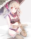  :t blush bra breasts drill_hair grey_hair grey_legwear highres idolmaster idolmaster_cinderella_girls kanzaki_ranko long_hair looking_to_the_side medium_breasts panties pout red_eyes shiguru sitting solo thighhighs twintails umbrella underwear underwear_only wariza 