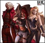  1boy 2girls breasts capcom dante dante_(devil_may_cry) dark_skin devil_may_cry devil_may_cry_2 et.m large_breasts long_coat longcoat lucia_(devil_may_cry) multiple_girls red_hair trish trish_(devil_may_cry) white_hair 