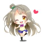  ;d aoi_(kiyokiyoaomushi) blue_skirt brown_hair chibi full_body heart highres long_hair love_live! love_live!_school_idol_project minami_kotori one_eye_closed one_side_up open_mouth plaid plaid_skirt simple_background skirt smile solo standing standing_on_one_leg white_background yellow_eyes 