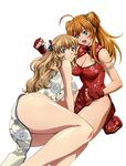  2girls absurdres ahoge aqua_eyes bare_shoulders blonde_hair breasts brown_hair cleavage curvy fang green_eyes hair_ornament highres ikkitousen large_breasts long_hair looking_at_viewer looking_back lying multiple_girls official_art on_side open_mouth shiny shiny_clothes sitting smile sonken_chuubou sonsaku_hakufu thick_thighs wavy_hair wide_hips 