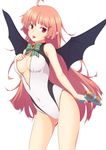  4690_(tkpbsk) :p ahoge areola_slip areolae bat_wings bow breasts covered_navel covered_nipples front_zipper_swimsuit green_bow highres jewelry large_breasts long_hair medal meme_attire one-piece_swimsuit pendant pink_hair pointy_ears red_eyes simple_background solo striped striped_bow swimsuit tongue tongue_out very_long_hair waguruma! water_gun white_background wings zipper 