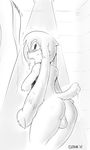  2015 anthro backsack balls blush butt feline floppy_ears girly klonoa klonoa_(series) long_ears looking_at_viewer looking_back male mammal monochrome nude short_tail shower solo sqoon surprise thick_thighs water wet wide_hips 