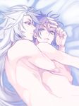  blue_eyes eyes_visible_through_hair hug hug_from_behind kogitsunemaru male_focus mikazuki_munechika multiple_boys nude purple_hair red_eyes touken_ranbu white_hair yaoi zuwai_kani 