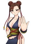  bad_id bad_pixiv_id bare_shoulders black_dress breasts brown_eyes brown_hair chun-li cleavage double_bun dress large_breasts looking_at_viewer pelvic_curtain sash short_hair simple_background smile solo street_fighter umigraphics white_background 