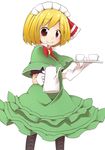  alternate_costume blonde_hair creamer_(vessel) cup enmaided hair_ribbon jagabutter maid maid_headdress pantyhose red_eyes ribbon rumia saucer smile solo teacup teapot touhou 