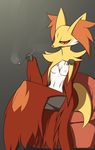  2015 anthro aoinu607 blush breasts canine delphox female fox fur half-closed_eyes inner_ear_fluff looking_at_viewer mammal navel nintendo nipples nude open_mouth orange_eyes orange_nose pipe pok&eacute;mon shadow sitting smile smoke sofa solo video_games 