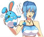  ! ? ambiguous_gender azumarill black_eyes blue_fur blue_hair breasts cute duo ear_piercing eating eyelashes female fur grey_eyes hair human japanese_text lagomorph mammal necklace nintendo open_mouth piercing plain_background pok&eacute;mon rabbit teeth text video_games white_fur 草薙芳_(artist) 