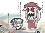  apron aqua_eyes blush_stickers bodysuit chibi commentary fish goma_(gomasamune) kantai_collection midway_hime multiple_girls net red_eyes shinkaisei-kan sketch translated white_skin wo-class_aircraft_carrier 