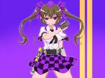  bad_id bad_pixiv_id belt black_wings bow brown_hair cellphone checkered checkered_skirt crossover hair_bow hat henshin henshin_pose himekaidou_hatate kamen_rider kamen_rider_555 kamen_rider_kaixa necktie parody phone pose purple_eyes skirt solo touhou tsukushi_(741789) twintails wings 