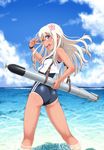 :d ass beach blue_eyes cameltoe cloud day double_vertical_stripe flower hair_flower hair_ornament jpeg_artifacts kantai_collection long_hair looking_at_viewer md5_mismatch nigou ocean open_mouth pose ro-500_(kantai_collection) sailor_collar school_swimsuit sky smile solo swimsuit swimsuit_under_clothes tan tanline torpedo v v_over_eye wading water wet white_hair 