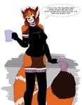  2015 anthro bdsm bottomless breasts clothed clothing cup dialogue elbow_gloves english_text female flogger fur gloves hair half-dressed kazu keyhole legwear maid maid_uniform mammal nipples open_mouth orange_fur red_hair red_panda rubber simple_background smile spix text thigh_highs yellow_eyes 