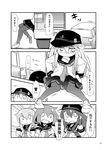  akatsuki_(kantai_collection) anchor_symbol closed_mouth comic fang flat_cap folded_ponytail greyscale hair_between_eyes hair_ornament hairclip hanomido hat hibiki_(kantai_collection) highres ikazuchi_(kantai_collection) inazuma_(kantai_collection) kantai_collection long_hair long_sleeves monochrome multiple_girls neckerchief pantyhose pleated_skirt school_uniform serafuku short_hair skirt smile translation_request 