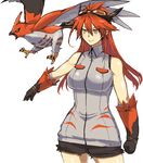  ambiguous_gender black_feathers breasts duo eyewear female gijinka gloves goggles grey_feathers hair human long_hair mammal nintendo orange_eyes orange_feathers orange_hair plain_background pok&eacute;mon smile talonflame video_games 草薙芳_(artist) 