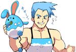  ambiguous_gender azumarill blue_fur blue_hair duo eating fur hair japanese_text lagomorph male mammal muscles nintendo open_mouth plain_background pok&eacute;mon rabbit smile teeth text video_games white_fur 草薙芳_(artist) 