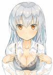  black_bra bra breasts cleavage idolmaster idolmaster_cinderella_girls long_hair looking_at_viewer medium_breasts orange_eyes silver_hair solo takamine_noa underwear wet wet_clothes yuuri_(sinjitu-no-yukue) 