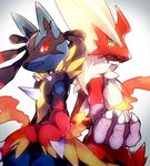  2015 ??????? ambiguous_gender avian beak bird blaziken blue_eyes canine claws duo fang fire fur glowing glowing_eyes gradient gradient_background hair horn looking_at_viewer lucario mammal mega_blaziken mega_evolution mega_lucario mega_pokemon nintendo noni-nani open_mouth pok&eacute;mon pokemon pokemon_(game) red_eyes slit_pupils smile spike spikes standing talons teeth video_games 