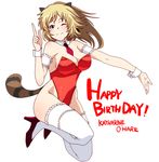  ;) animal_ears armlet blonde_hair blue_eyes blush body_blush breasts character_name cleavage detached_collar freckles frills happy_birthday high_heels katharine_ohare large_breasts leotard long_hair necktie one_eye_closed playboy_bunny_leotard ponytail raccoon_ears raccoon_tail red_leotard simple_background smile solo tabigarasu tail thighhighs white_background white_legwear world_witches_series wrist_cuffs 