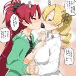  blonde_hair blush bow breasts drill_hair hair_bow hair_ornament holding_hands hood hoodie interlocked_fingers large_breasts long_hair mahou_shoujo_madoka_magica multiple_girls open_clothes open_shirt phallic_symbol ponytail red_eyes red_hair sakura_kyouko sexually_suggestive shinama shirt shirt_lift sweatdrop tomoe_mami translation_request twin_drills yellow_eyes yuri 