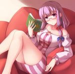  barefoot bespectacled blush book bow breasts glasses hair_ribbon highres holding large_breasts long_hair nicoby patchouli_knowledge purple_eyes purple_hair ribbon sitting thighs touhou 