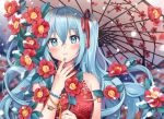  1girl bangs bare_shoulders bead_bracelet beads blue_eyes blue_hair blue_nails blurry blush bracelet crossed_bangs depth_of_field dress floral_print flower hair_between_eyes hair_flower hair_ornament hair_ribbon hand_up hatsune_miku head_tilt holding holding_umbrella jewelry leaf long_hair looking_at_viewer mamemena nail_polish oriental_umbrella parted_lips red_dress red_flower red_ribbon ribbon sidelocks sleeveless sleeveless_dress solo turtleneck twintails umbrella upper_body vocaloid 