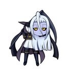  ahoge aoba_kino black_sclera blue_skin blush chibi disembodied_head dullahan full_body holding_head huge_ahoge lala_(monster_musume) long_hair monster_musume_no_iru_nichijou scythe simple_background solo white_background white_hair yellow_eyes 