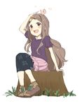  :d aoba_kokona arm_up bad_id bad_pixiv_id blush braid brown_eyes brown_hair bug butterfly full_body hair_ornament hairclip insect leggings long_hair open_mouth puffy_sleeves shirt short_sleeves sitting sitting_on_tree_stump sketch skirt smile solo tree_stump ume_(plumblossom) white_background yama_no_susume 