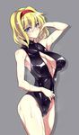  alice_margatroid arm_up armpits blonde_hair blue_eyes blush breasts breath cleavage_cutout front_zipper_swimsuit grey_background hairband jpeg_artifacts large_breasts looking_at_viewer meme_attire one-piece_swimsuit short_hair simple_background solo swimsuit touhou touya_(the-moon) wet zipper 
