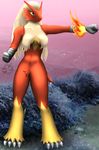  2010 anthro avian blaziken blue_eyes breasts claws female fire fist hair hi_res mykiio navel nintendo nude pok&eacute;mon pose red_feathers solo video_games white_feathers white_hair yellow_feathers yellow_sclera 