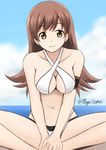  bikini brown_eyes brown_hair cloud cosplay criss-cross_halter day fuuma_nagi halter_top halterneck indian_style kantai_collection kantai_collection_(anime) long_hair looking_at_viewer nagato_(kantai_collection) nagato_(kantai_collection)_(cosplay) navel ooi_(kantai_collection) sitting sky smile solo swimsuit v_arms 