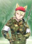  animal_ears beret blonde_hair breasts camouflage didloaded flecktarn german_flag gloves hat headphones large_breasts load_bearing_vest looking_at_viewer military military_hat military_operator military_uniform original short_hair solo uniform walkie-talkie yellow_eyes 