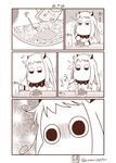  1girl comic commentary cosplay cup_ramen highres horns kantai_collection kettle messy_hair mittens monochrome moomin muppo northern_ocean_hime northern_ocean_hime_(cosplay) sazanami_konami shinkaisei-kan sleepy translated water_boiler 