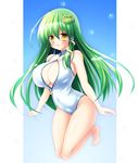  blush breasts cleavage covered_navel frog_hair_ornament front_zipper_swimsuit green_hair hair_ornament kochiya_sanae large_breasts long_hair meme_attire one-piece_swimsuit open_mouth osashin_(osada) snake_hair_ornament solo swimsuit touhou unzipped very_long_hair white_swimsuit yellow_eyes zipper 