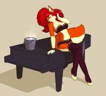  2015 big_breasts big_hair bra breasts bucket canine clothed clothing female fluffy_tail fox fur garter_belt hair ice leggings legwear lingerie mammal musical_instrument orange_fur panties piano red_hair sitting solo starfighter strapless_bra underwear white_fur worried 