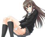  blush brown_hair cardigan green_eyes idolmaster idolmaster_cinderella_girls kotanu_(kotanukiya) long_hair necktie panties panty_pull school_uniform shibuya_rin simple_background solo underwear white_panties 