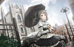  asakurashinji black_umbrella car church cloud day drill_hair gothic gothic_lolita ground_vehicle highres idolmaster idolmaster_cinderella_girls kanzaki_ranko lolita_fashion long_hair motor_vehicle outdoors parasol red_eyes silver_hair sky smile solo twin_drills twintails umbrella 