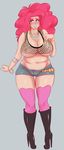  2015 big_breasts blue_eyes blush boots breasts chubby clothed clothing ear_piercing embarrassed erect_nipples female fishnet friendship_is_magic hair high_heels human humanized jewelry looking_away makeup mammal my_little_pony necklace nipples piercing pink_hair pinkie_pie_(mlp) shorts sundown_(artist) wide_hips 