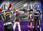  2girls armor belt belt_buckle blue_eyes brown_hair buckle cropped_vest cross_mirage crossover dirty_clothes dual_wielding gon_(kamen_rider_kabuto) gun helmet highres holding kamen_rider kamen_rider_den-o kamen_rider_den-o_(series) kamen_rider_drake kamen_rider_kabuto_(series) leggings lyrical_nanoha magical_girl mahou_shoujo_lyrical_nanoha_strikers mexican_standoff multiple_boys multiple_girls open_clothes open_vest ryutaros socks tarisa teana_lanster thighhighs twintails vest weapon 