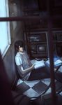  bangs black_hair blurry book brown_eyes cable checkered checkered_floor crossed_legs dark depth_of_field fukai_rei_(yukikaze) hair_over_one_eye holding indoors looking_at_viewer male_focus monitor on_floor open_book pants paper parted_bangs peach_(marslave) sentou_yousei_yukikaze shirt sitting solo t-shirt television white_shirt window 