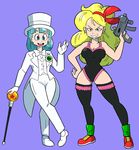  blonde_hair blue_eyes blue_hair bow bowtie breasts bulma cane cleavage dragon_ball dragon_ball_(classic) dragon_ball_z formal green_eyes gun hat large_breasts lingerie lunch_(dragon_ball) multiple_girls shenanimation shoes sneakers socks submachine_gun suit thighhighs top_hat underwear weapon 