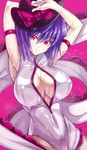  alternate_costume armpits arms_up blush breasts cleavage cleavage_cutout covered_nipples front_zipper_swimsuit hat large_breasts looking_at_viewer meme_attire nagae_iku one-piece_swimsuit purple_hair red_eyes shawl short_hair simple_background smile solo swimsuit touhou touya_(the-moon) unzipped wet zipper 