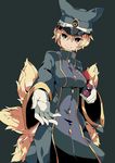  aioi_aoi alternate_costume animal_ears armband blonde_hair breasts bright_pupils cowboy_shot fox_tail gloves hair_between_eyes hat looking_at_viewer medium_breasts multiple_tails short_hair smile solo stapler steampunk tail touhou train_conductor uniform white_pupils yakumo_ran yellow_eyes 