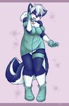  2015 anthro black_nose blue_fur blush boots choker chubby clothed clothing cosplay dress eyes_closed female fur gloves hair mammal markings open_mouth simple_background skunk smile solo spix taki white_hair 
