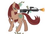  2012 animated assault_rifle brown_fur bullet cutie_mark equine eyes_closed fan_character female fur gun hair horn horse kitsu magic mammal my_little_pony nude plain_background ponification pony raised_leg ranged_weapon raptor007 red_fur red_hair rifle shooting smile unicorn weapon 