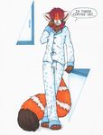  2015 ambiguous_gender anthro clothed clothing dialogue english_text hair kazu leaning male mammal open_mouth pajamas red_hair red_panda simple_background sleepy solo spix text traditional_media_(artwork) yellow_eyes 