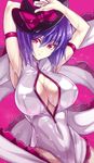  alternate_costume armpits arms_up blush breasts cleavage cleavage_cutout covered_nipples front_zipper_swimsuit hat large_breasts looking_at_viewer meme_attire nagae_iku one-piece_swimsuit purple_hair red_eyes revision shawl short_hair simple_background smile solo swimsuit touhou touya_(the-moon) unzipped wet zipper 