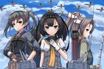  aircraft airplane akizuki_(kantai_collection) bangs black_hair blue_eyes blue_sky blunt_bangs bow_(weapon) brown_eyes brown_hair brown_skirt chou-10cm-hou-chan clenched_hand cloud corset day gloves grey_hair hachimaki hakama_skirt headband high_ponytail japanese_clothes kantai_collection looking_at_viewer multiple_girls muneate neckerchief partly_fingerless_gloves pleated_skirt quiver rabochicken sailor_collar school_uniform serafuku skirt sky smile twintails weapon yugake zuihou_(kantai_collection) zuikaku_(kantai_collection) 