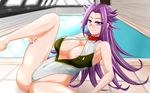  areolae breasts covered_nipples front_zipper_swimsuit highres jun'you_(kantai_collection) kantai_collection large_breasts leg_up long_hair meme_attire one-piece_swimsuit pool purple_eyes purple_hair rei_no_pool spiked_hair swimsuit zaogao_xiaotu 