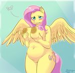  2015 anthro anthrofied big_breasts biting_lip blush breasts chubby colored cutie_mark equine female fluttershy_(mlp) friendship_is_magic glacierclear hair hand_on_breast lactating mammal milk my_little_pony navel nipples pegasus pink_hair pussy skoon solo wings 