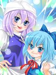  blue_eyes blue_hair blush bow breasts cirno clenched_hand commentary hair_bow hat height_difference ice ice_wings lapel_pin lavender_hair letty_whiterock medium_breasts multiple_girls puffy_short_sleeves puffy_sleeves ribbon short_hair short_sleeves smile touhou wings yuzuna99 